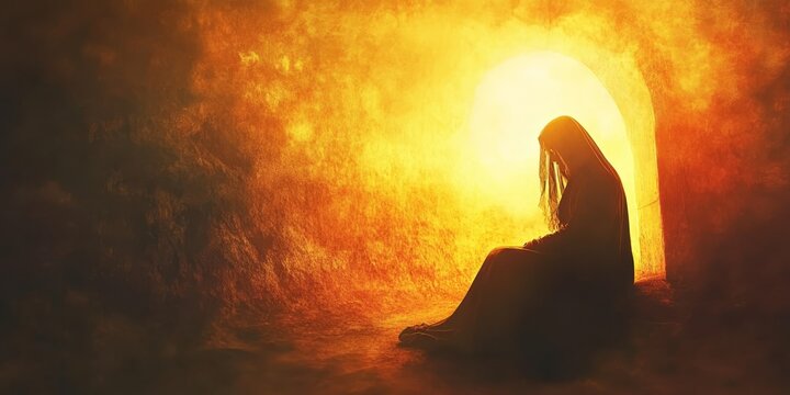 Minimalistic abstract background of Mary Magdalene at the tomb with soft light and emotion, biblical scene, religious concept