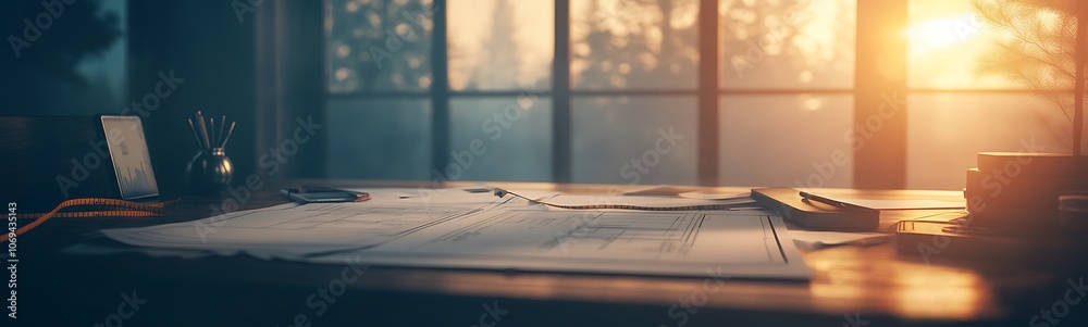 Poster A serene workspace with sunlight streaming through a window, casting warm hues over scattered papers and a cozy atmosphere.