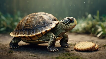 Obraz premium A turtle beside a cookie in a natural setting.