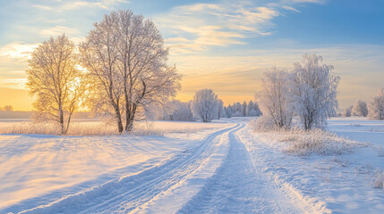 Obraz premium Winter Wonderland A Beautiful Snowy Road Adorned with Frosty Trees Amidst Natures Beauty