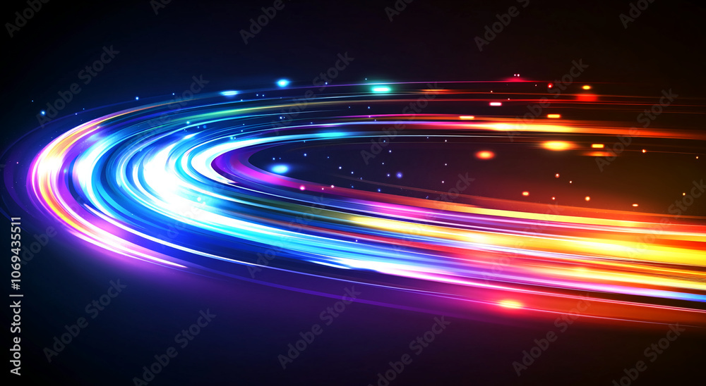 Poster A colorful light trail swirls in a circular pattern against a dark background