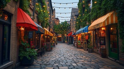 Fototapeta premium Charming Cobblestone Alley with Shops and String Lights