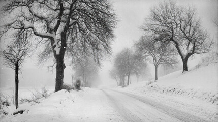 Winter Wonderland A Beautiful Snowy Road Adorned with Frosty Trees Amidst Natures Beauty