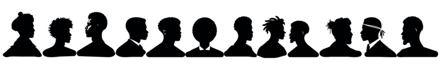 The silhouette of dark -skinned men from Afro, minimalist drawing, vector, set on a transparent background