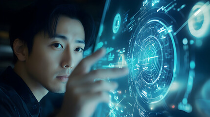 Asian man analyzing software development on a futuristic virtual interface -
