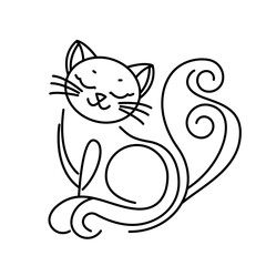 Cute and funny cat in linear style. Flat vector illustration on white background