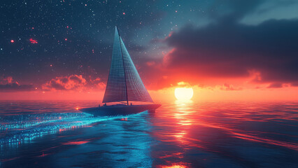 Sailboat at Sunset with Digital Network Overlay on Calm Ocean Waves