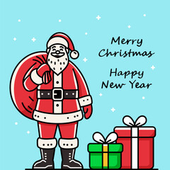 Santa Claus with a bag of gifts. Icon in linear style isolated on white background. Vector illustration