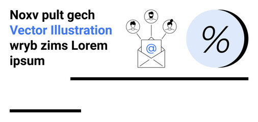 Envelope with at symbol, user icons in speech bubbles, large percentage icon. Ideal for email campaigns, newsletters, customer outreach, marketing strategies, contact management, analytics