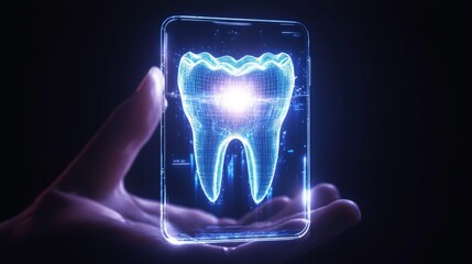 Smartphone dental app interface with floating hologram tooth, high-tech design