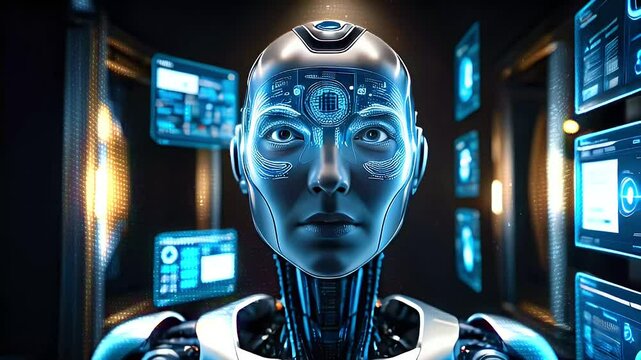 A humanoid robot with a silver and blue metallic body is shown in a dark room with monitors in the background.