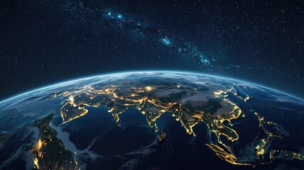 Obraz premium A view of Earth at night, highlighting Asia's illuminated cities.