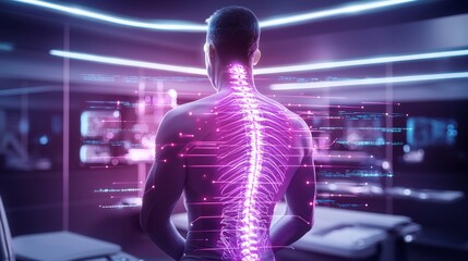 Spine with smart implants, projecting holographic screens of health metrics in a high-tech room, neon light accents and clinical precision