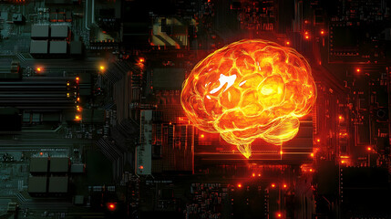Obraz premium Conceptual digital brain glowing atop a microprocessor symbolizing AI and machine learning -