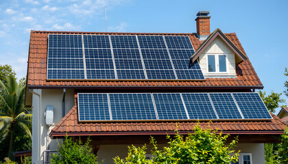 Fototapeta premium Solar panels producing clean energy on a roof of a residential house isolated with white highlights, png