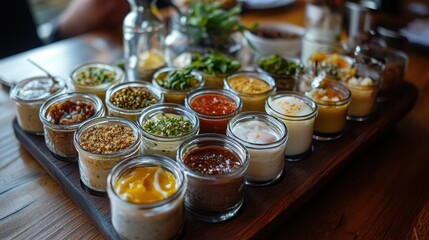 Gourmet egg flight featuring diverse sauces and toppings for culinary enthusiasts