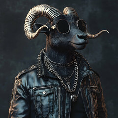 A black ram with large silver horns, wearing sunglasses, a leather jacket, and several necklaces, looking to the right.
