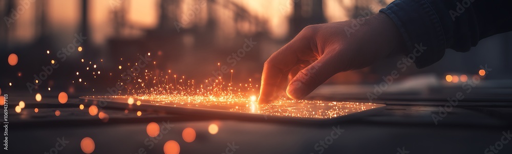 Poster A hand interacts with glowing particles, creating a magical scene filled with light and wonder against a blurred backdrop.