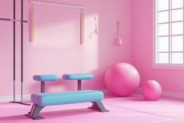 Home gym equipment displayed in pink room with pilates reformer and fitness balls