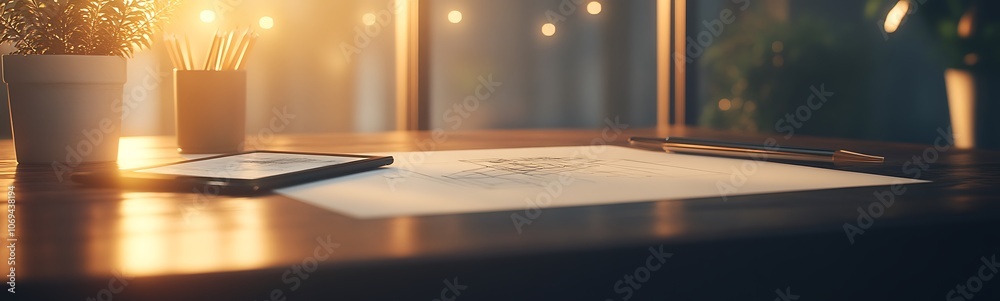 Poster a cozy workspace featuring a neat desk with a sketchpad, potted plant, and warm lighting, creating a