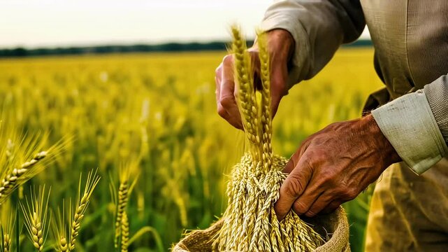 Hands of an adult, possibly Caucasian male, gather bundles of ripe wheat into a burlap sack during sunset, highlighting themes of agriculture and sustainability. The warm light and golden hues