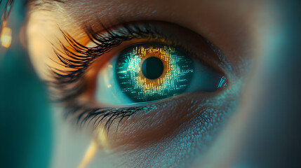 Human eye close-up on a green tech background, depicting cyber security concepts   -