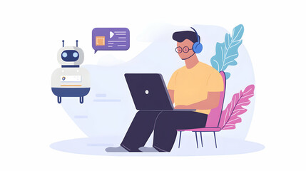 A man sitting at a laptop, delving into the world of technology and AI chatbots.