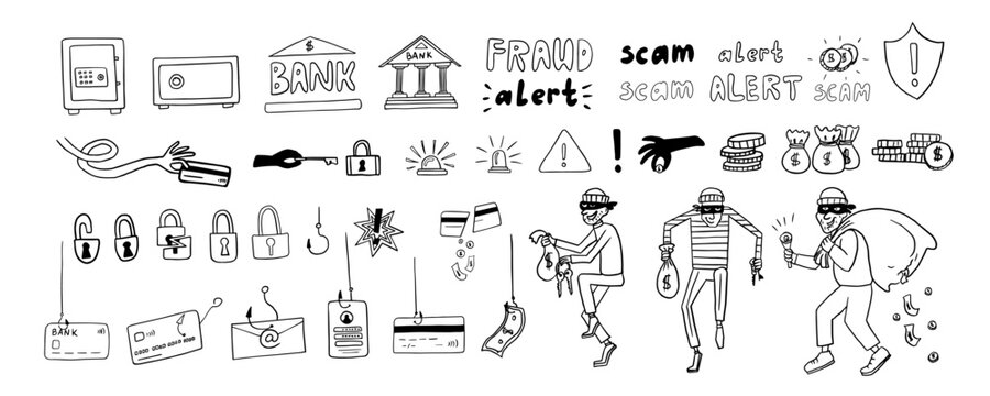 Large set of bank thieves in doodle style. Bank card, credit card, safe deposit, cheater, alarm system, fishing, scam, alert, finance, bag money. Hand drawn. Great for banners, posters, stickers