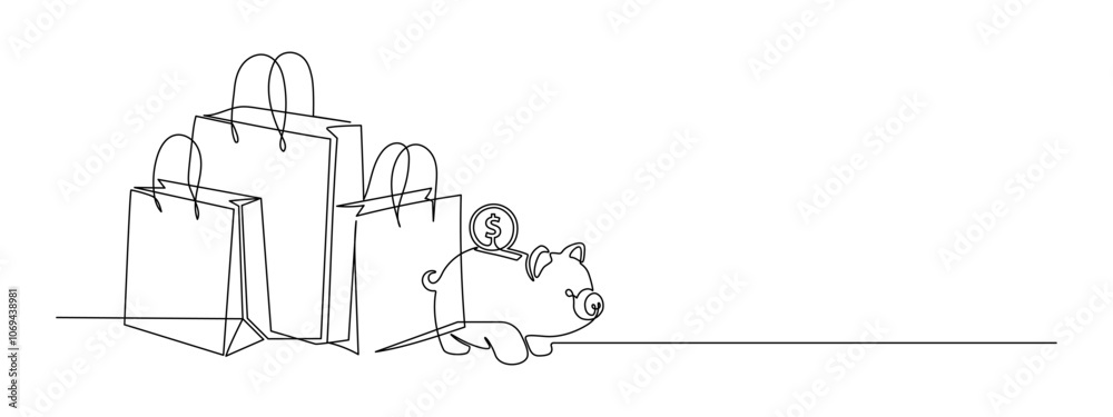 Poster shopping bags and piggy bank in one continuous line drawing. black friday sale and safe money concep