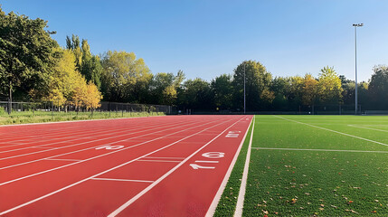 Red plastic track marked with numbers on a sports field   -