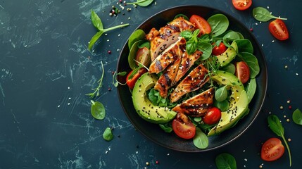 Grilled chicken and fresh vegetable salad. Ketogenic diet on a ceramic table, AI generated image