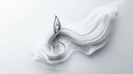 Treble clef with musical wave elements, dynamic flow and motion, gentle curves intertwined with lines, abstract modern art on white