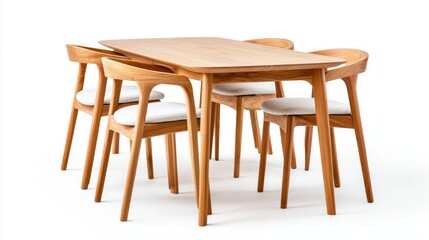 Modern kitchen dining set, natural wood dining table paired with soft fabric chairs, minimalist design, clean lines, isolated on pure white studio backdrop
