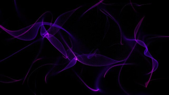 Purple glowing particles create abstract flowing shapes on black background. Suitable for futuristic, technology, science, and digital design projects.