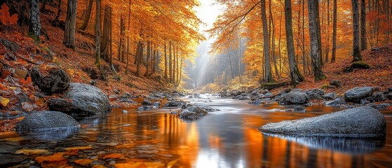 Experience the Serenity of a Hyperrealistic Autumn Scene Featuring a Tranquil River Flowing Through Vibrant Orange Foliage