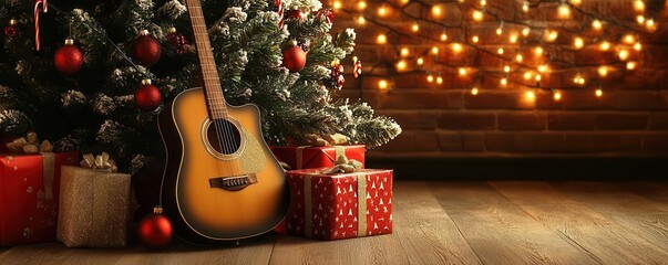 Acoustic guitar leaning against a Christmas tree, with presents and holiday lights creating a festive scene