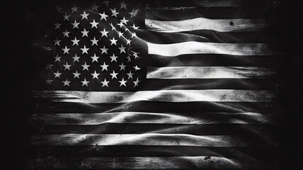 Realistic distressed american flag black and white