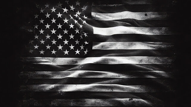 Realistic distressed american flag black and white
