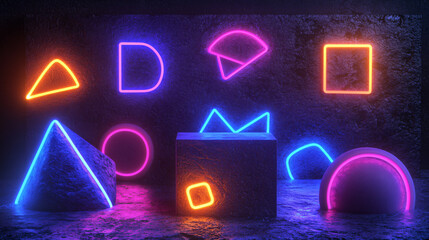 Abstract 3D shapes with neon outlines.Abstract 3D shapes with neon outlines.