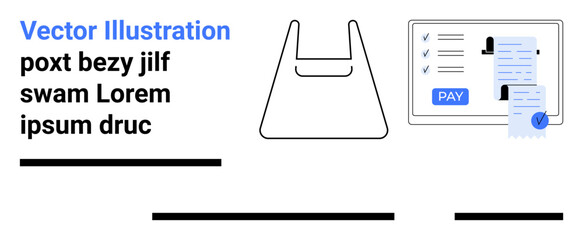 Transparent shopping bag icon, online account details on a screen with a Pay button. Ideal for e-commerce, finance, digital wallets, retail, online payments, shopping apps, transaction services