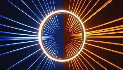 Abstract design featuring contrasting blue and orange light rays.