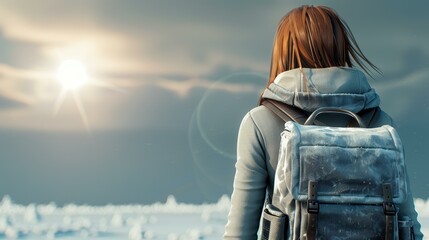 Fototapeta premium A winter adventurer gazes ahead, her backpack ready for exploration. The lens flare adds a magical touch to the scene.