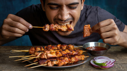 A man is eating skewers of meat with a sauce on a plate. Scene is casual and relaxed, as the man is enjoying his meal