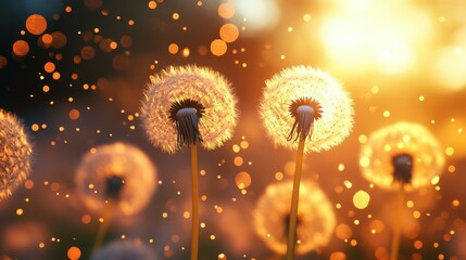 Experience the serene beauty of a golden sunset casting a warm glow over a field of dandelions, perfect for spring allergy season.