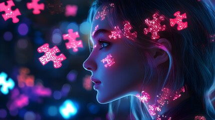 Woman with glowing puzzle pieces floating in front of her, symbolizing neurological insight, holographic style, dark background with neon accents, futuristic digital portrait