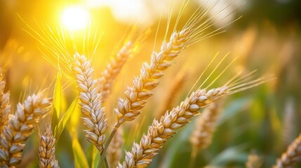 Golden wheat ear glimmers in sunlight, surrounded by vibrant green foliage, capturing the essence of summer harvest bliss.