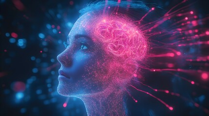 Woman's brain glowing with holographic neural patterns, digital data streams orbiting her head, cyberpunk, neon pink and blue, futuristic AI aesthetics