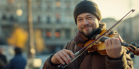 Busker smiling while playing the violin outdoors, on an urban background, passion for street performance
