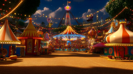 A brightly lit carnival at night with a carousel in the center, surrounded by colorful tents and a roller coaster in the background.