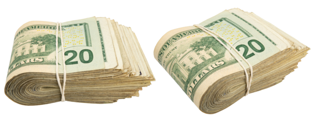 20$ bills. Stack of twenty American bills. Cash wad roll. Money rolled in half with rubber band. Green USA bank notes. USD banking saving. Paper money note. Business success. Rich. Isolated background